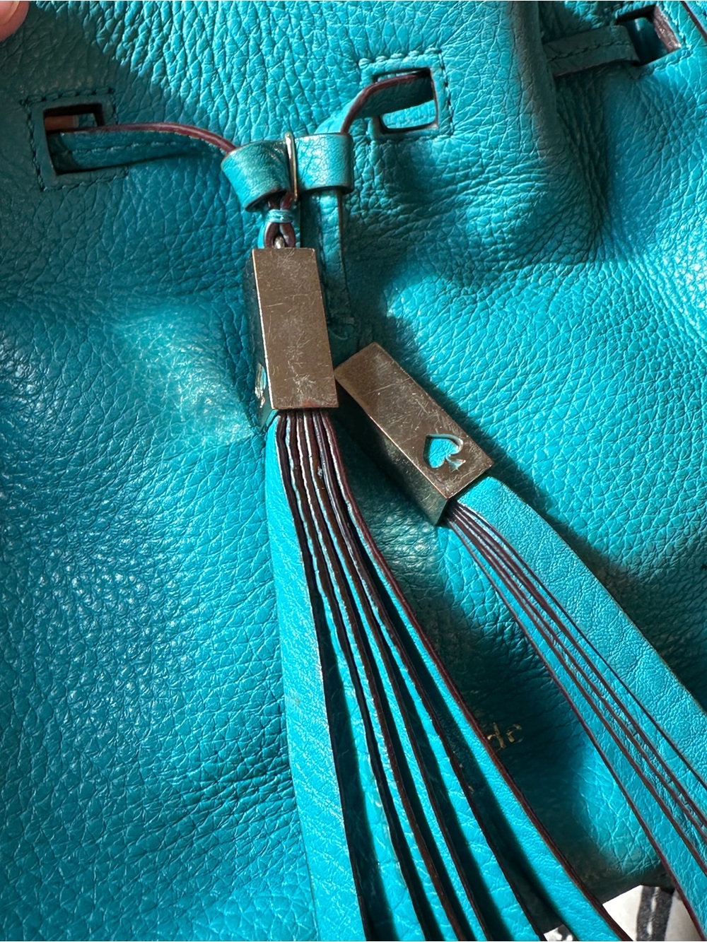 Turquoise Leather Kate Spade Small Tassel Bucket Bag coastal preppy